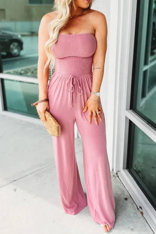 Rosa Clothing - Vente Combinaison – femme - Combinaison à jambes larges sans bretelles avec corsage smocké décontracté et simple4