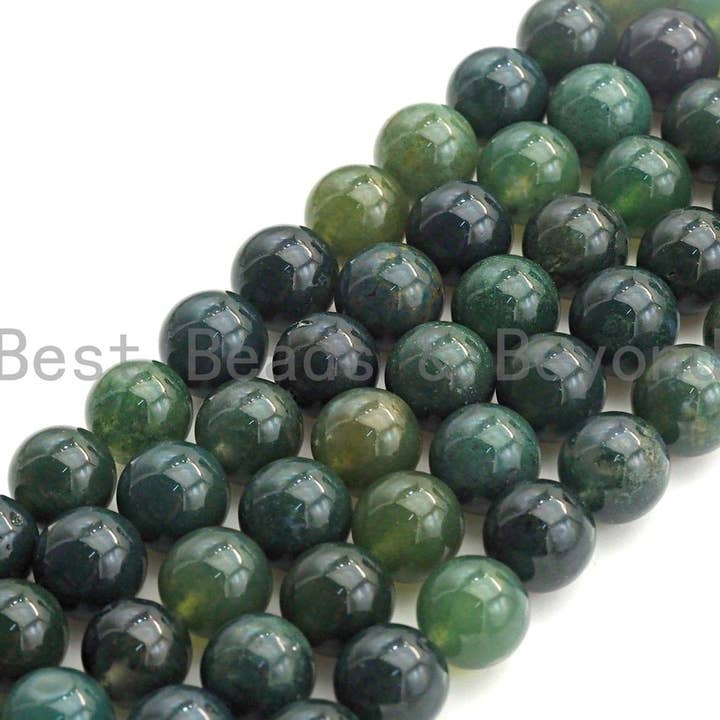 BestBeads&Beyond - Vente Perle - Agate mousse naturelle, ronde lisse 6 mm/8 mm/10 mm/12 mm, perles de pierres précieuses vertes, 15,5 « plein brin, sku #U635