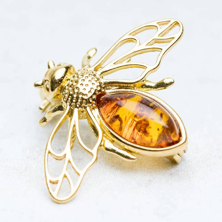 Gouden bijenbroche, amber sterling zilver, hommelspeld, insect voor wholesale door Marcin Waryszak