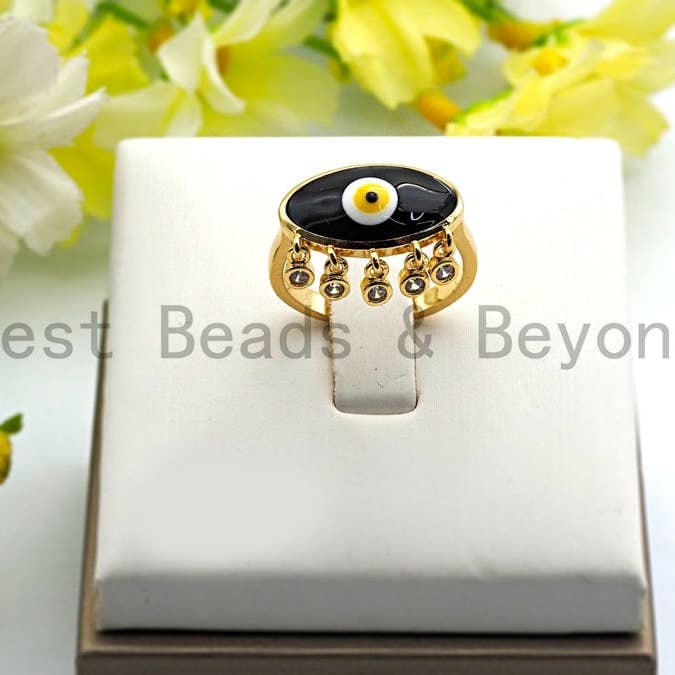 Cz colorato Micro pavimenta il malocchio dello smalto nero con l'anello lungo delle ciglia, anello in oro con zirconi cubici, anello regolabile, 15x23x17mm, sku #X13 per la vendita all'ingrosso da parte di BestBeads&Beyond