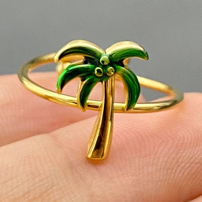 Enamel Coconut Tree18K Gold Plated SS Adjustable Ring - FGS for wholesale by Mio Queena