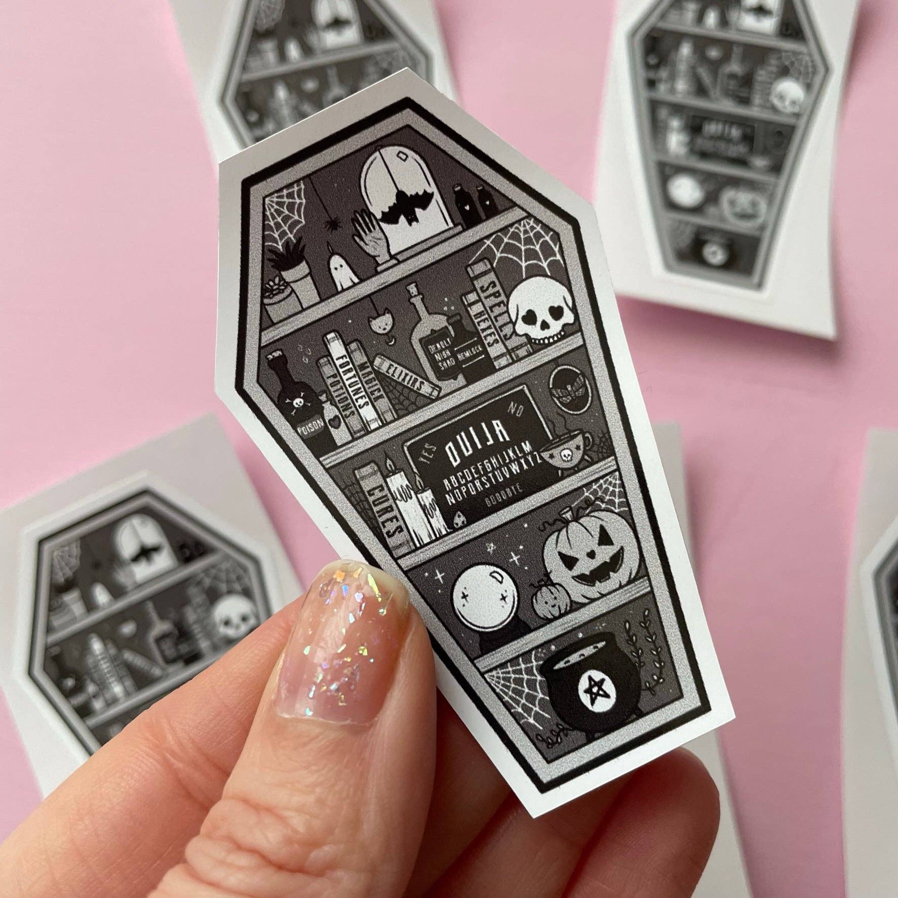 Wendy Stephens Art – wholesale Sticker – Coffin Shelf Black Spooky Vinyl Sticker0