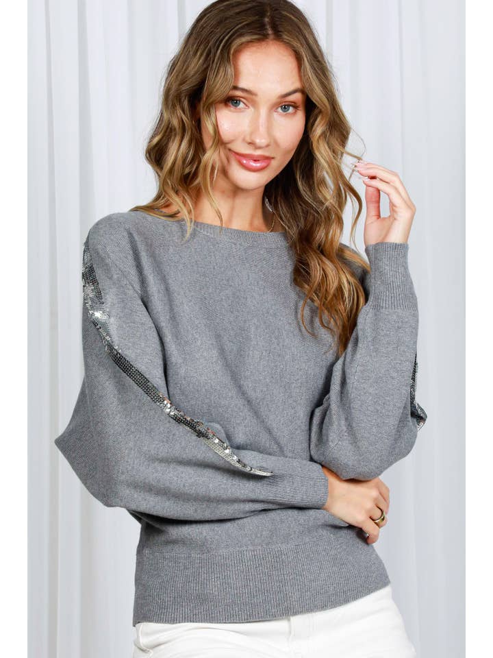 Vine & Love - Wholesale Knit Sweater - Women's - Sequin Detail Crew Neck Dolman Knitted Sweater VT820135