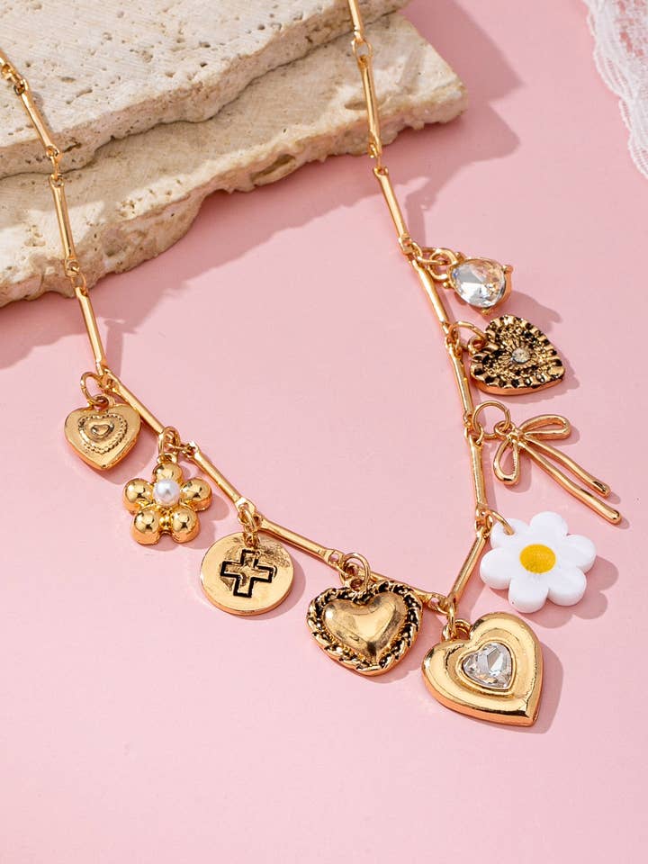 CHARM NECKLACE-HEART BOW FLOWER CROSS CHARM | 80N92692 for wholesale by JOSSLYN by wall to wall