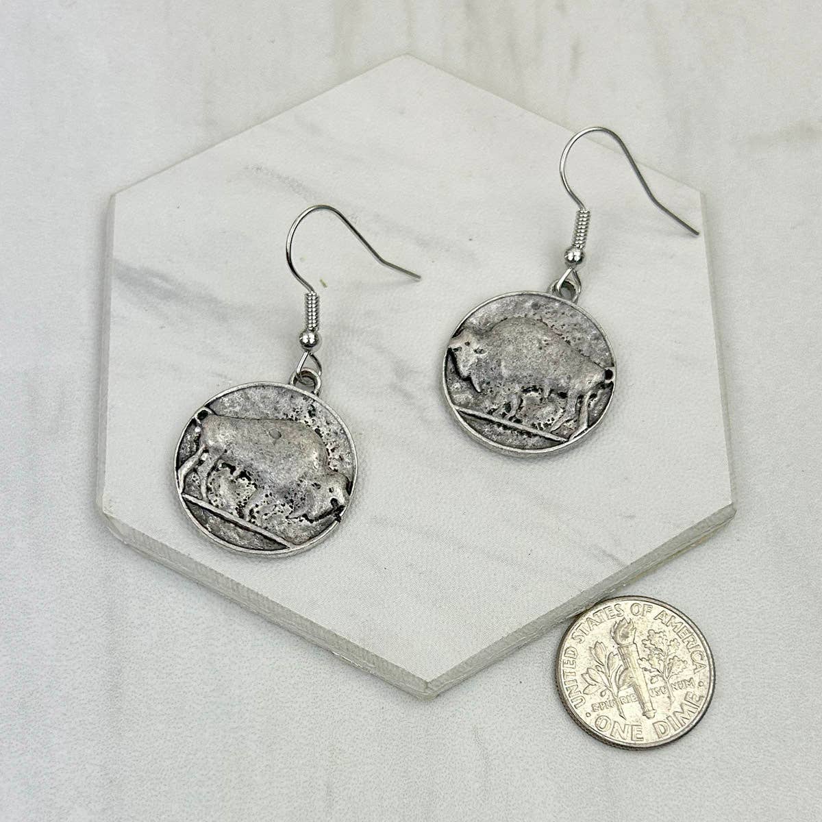 Western Elite Jewelry - Wholesale Dangle Earrings - CER241125-11-SILVER          Silver circle metal buffalo Earrings0