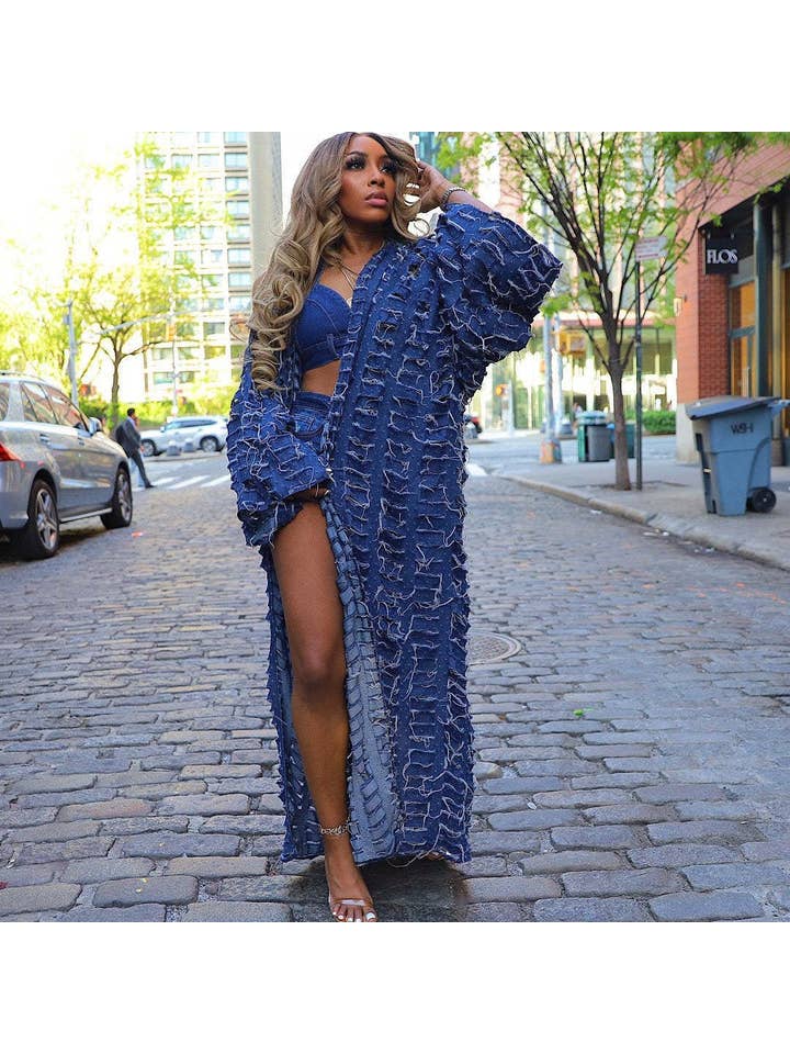 pinkblu02 - Wholesale Coat - Women's - Women Fashion Casual Ripped Tassel Long Sleeve Denim Coat
