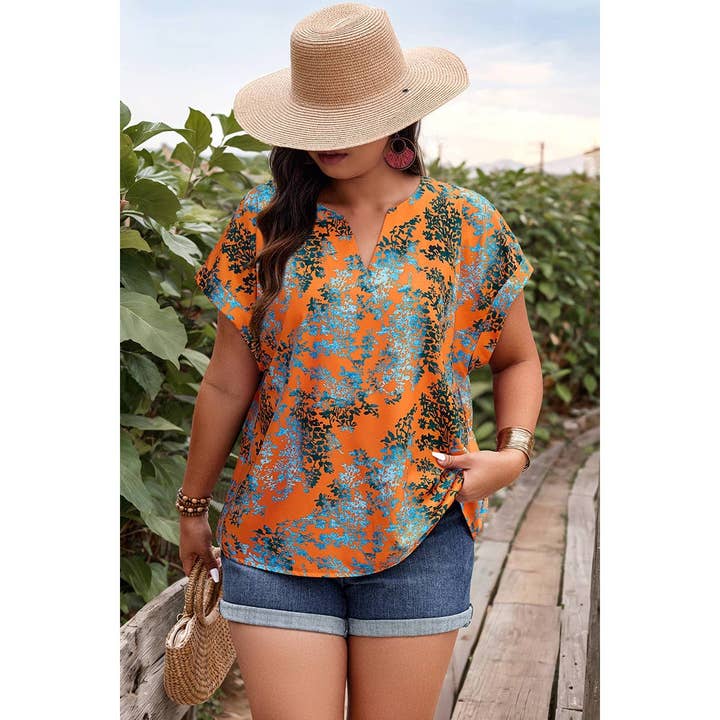 ORANGE Plus Floral V Neck Batwing Sleeve Loose Shirt for wholesale on Faire2