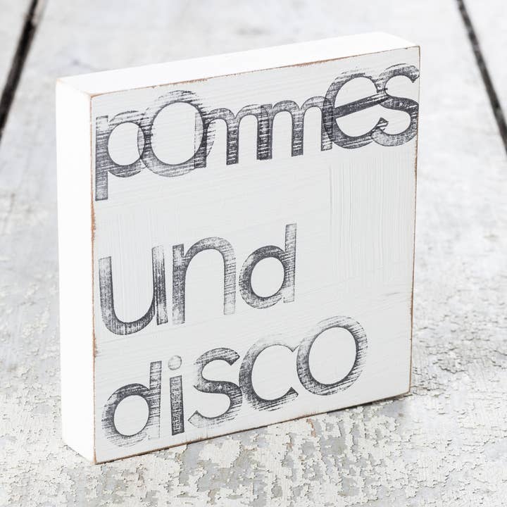 15x15cm Textplatte Wandbild "pommes und disco" für den Großhandel von IOPLA
