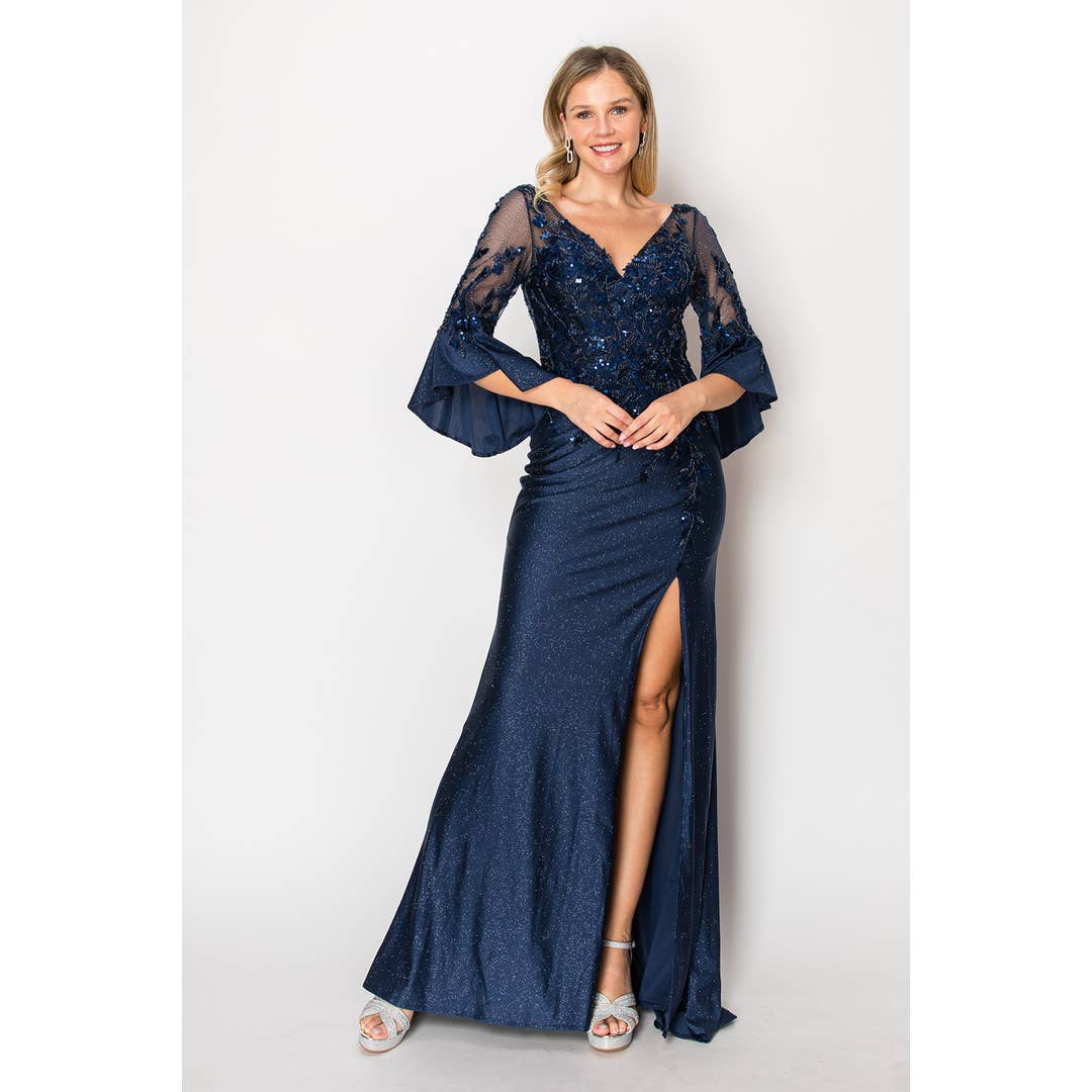 Long V-neck Mother of the Bride Dress With Sleeves C357 for wholesale by Chicas