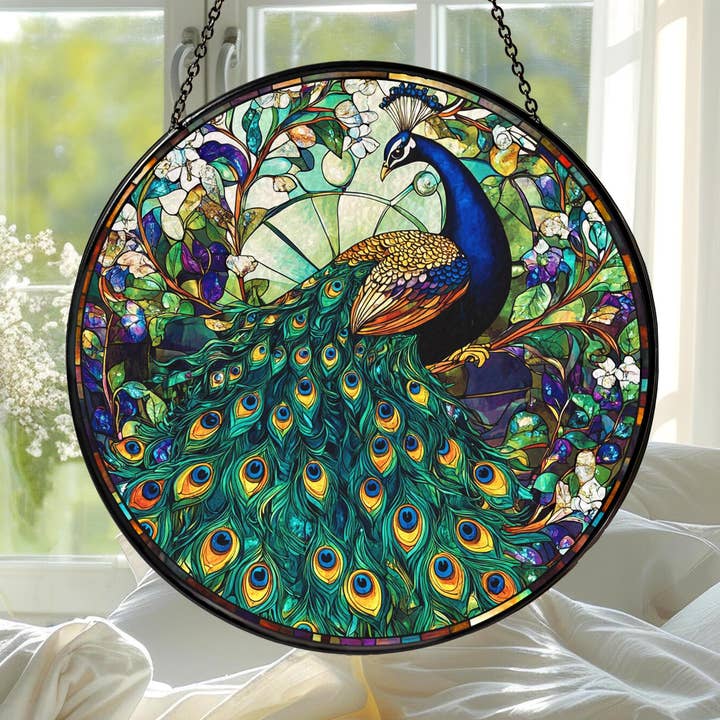 Peacock Stained Glass Suncatcher, Peacock Flowers Decor for wholesale by NVC Ecommerce LLC