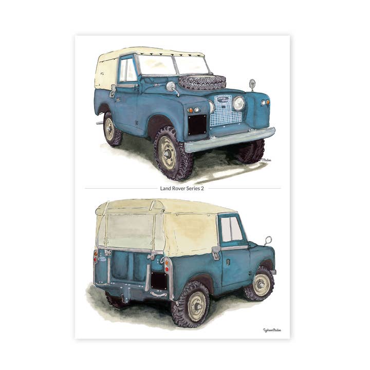 Illustration d'un duo de Land Rover série 2a d'Aqua Marine pour la vente par Typhoon Studios