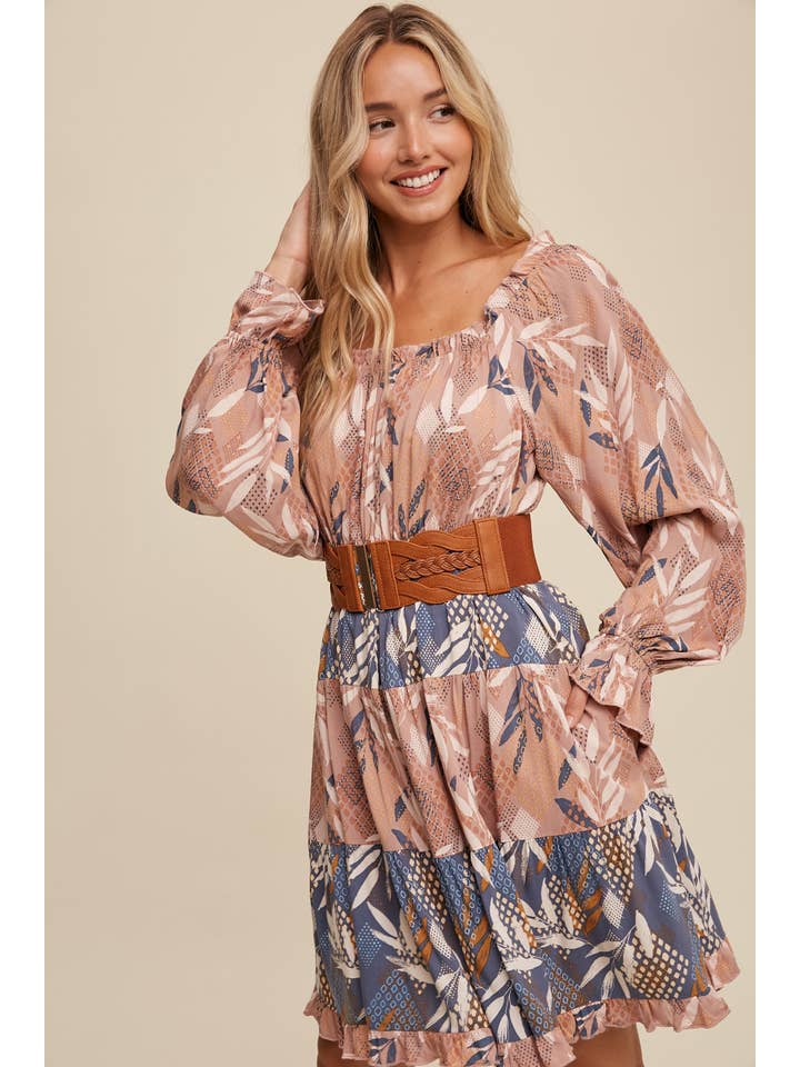 Listicle - Wholesale Dress - Women's - Patchwork Puff-Sleeve Tiered Mini Dress5