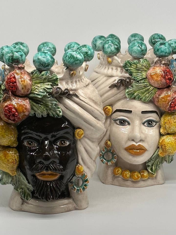 Teste di Moro Fiori e Frutta Ceramica Caltagirone cm H.30 L.23 Handcrafted Crown with Green Spheres for wholesale by DD Ceramiche Siciliane