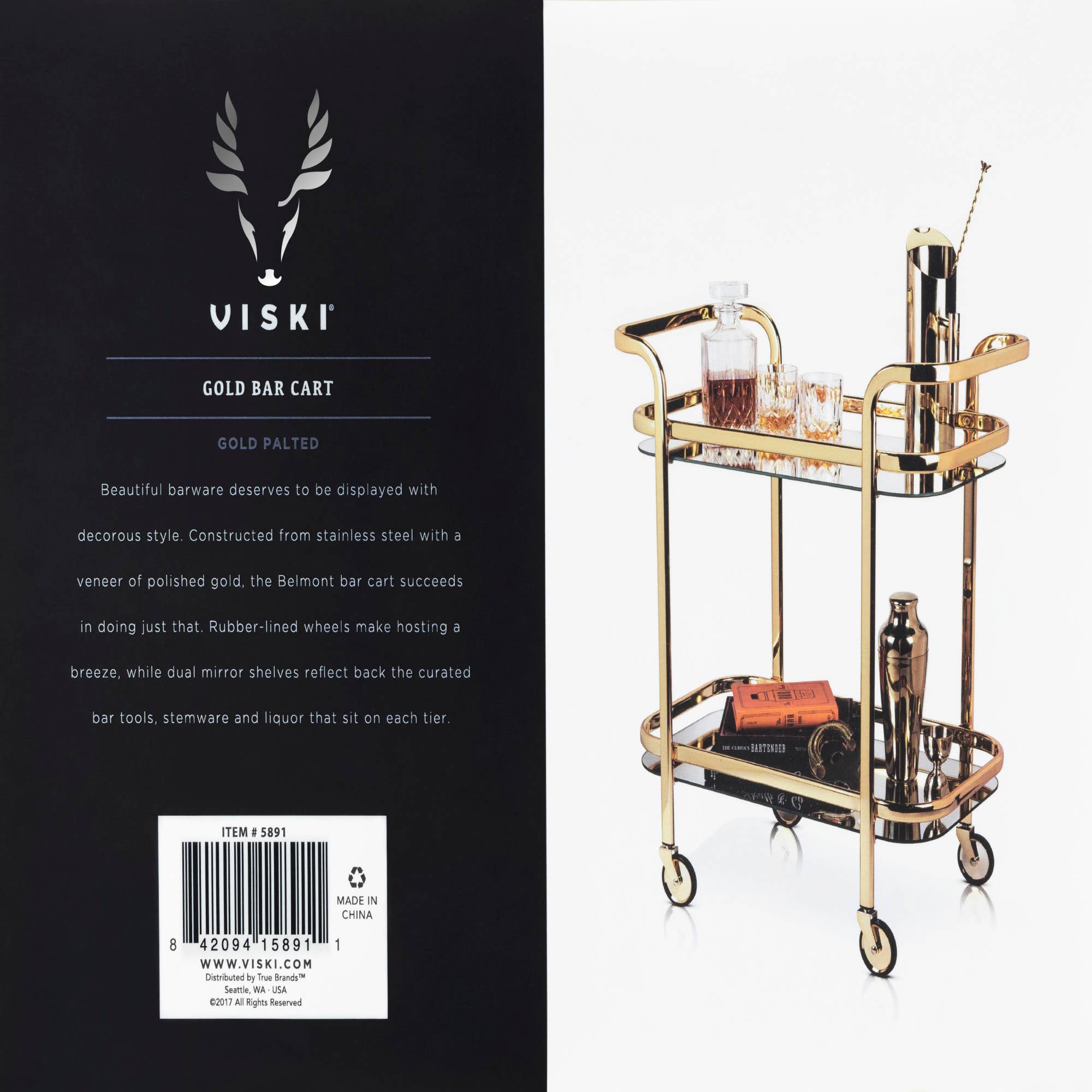 Viski - Wholesale Bar Cart - Belmont™ Gold Bar Cart with Mirror Shelves1