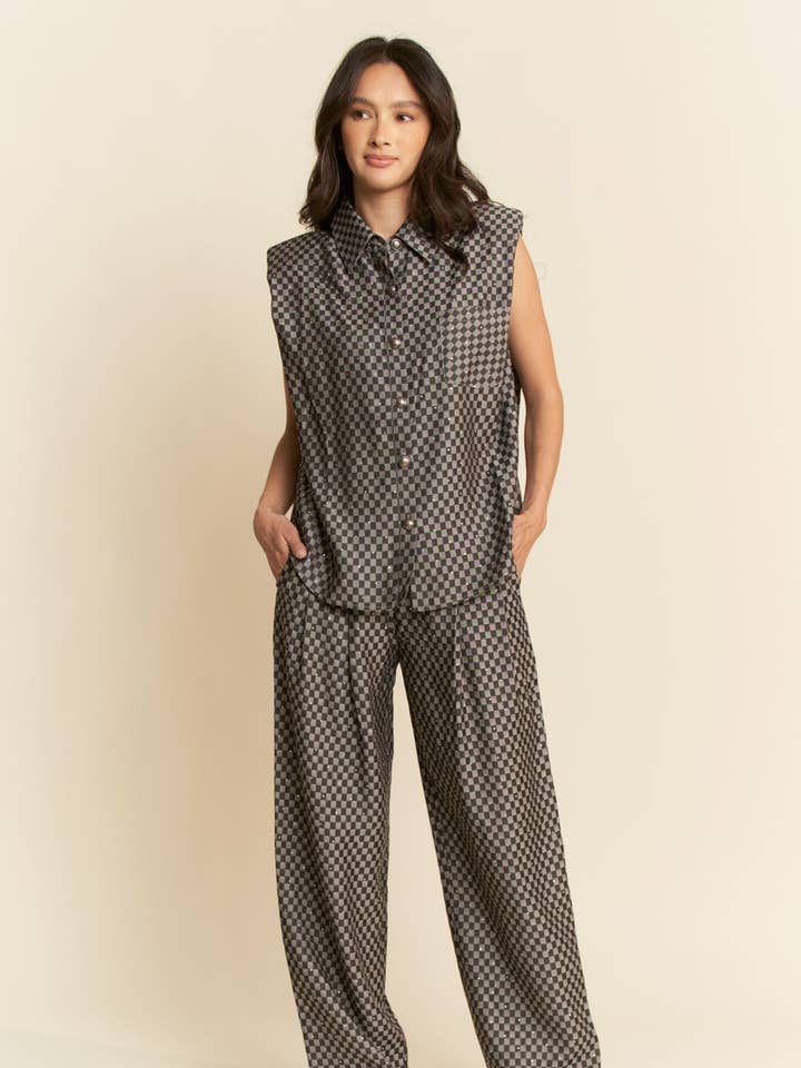 Davi & Dani - Wholesale Top & Pant Set (NOT Loungewear) - Women's - CHECKERED DENIM BUTTON DOWN SHIRT N LONG PANTS SET1