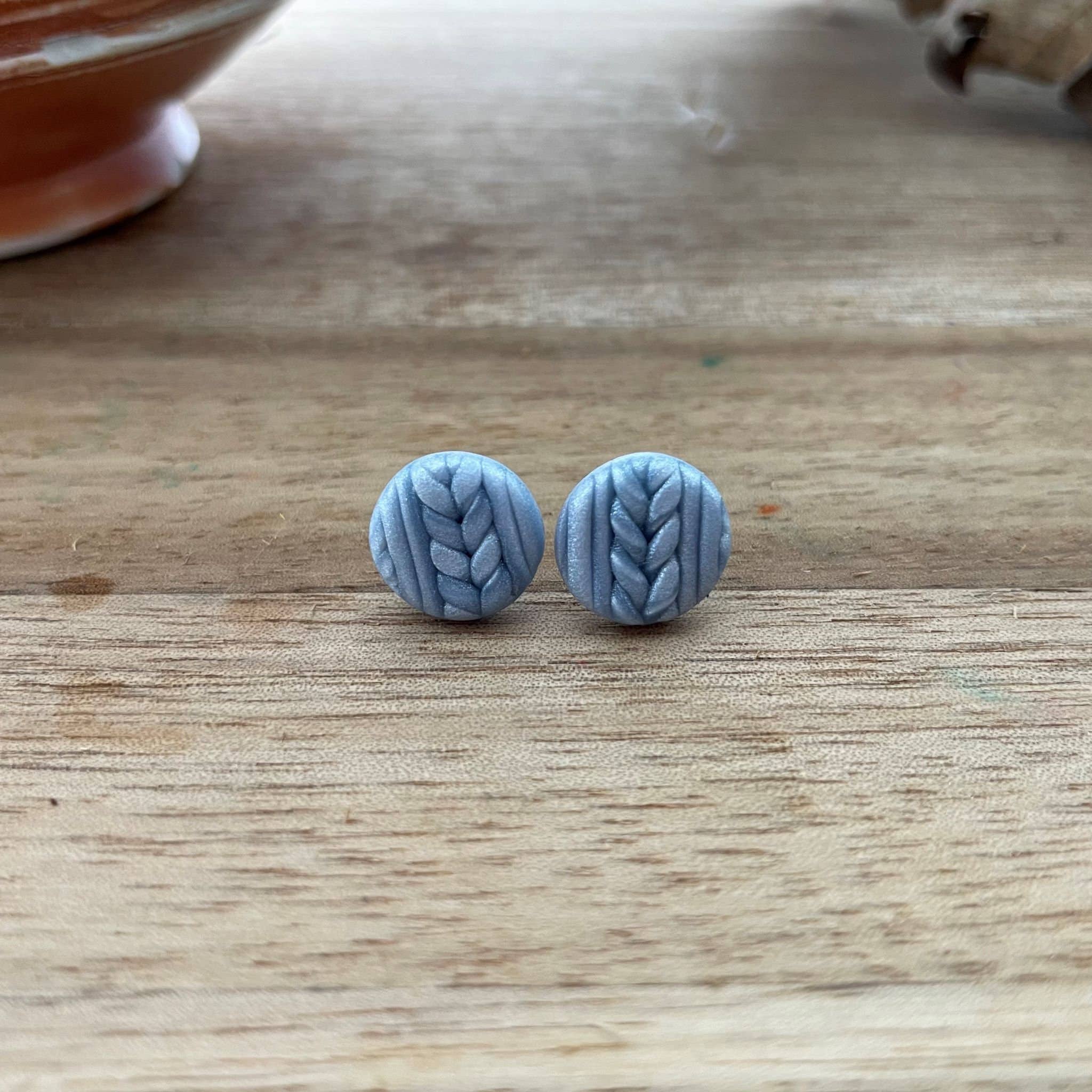 Monty and Mirabelle – wholesale Jewellery set – Dottie / Post Earring Set / Fall Earrings Posts / Knit Pattern / Blue / Green / White / Polymer Clay Jewellry / Sweater Weather4