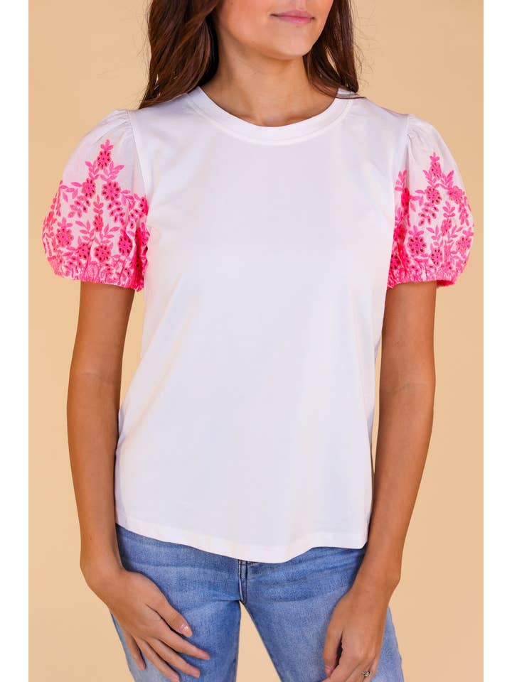 White Top With Pink Eyelet Sleeves for wholesale on Faire