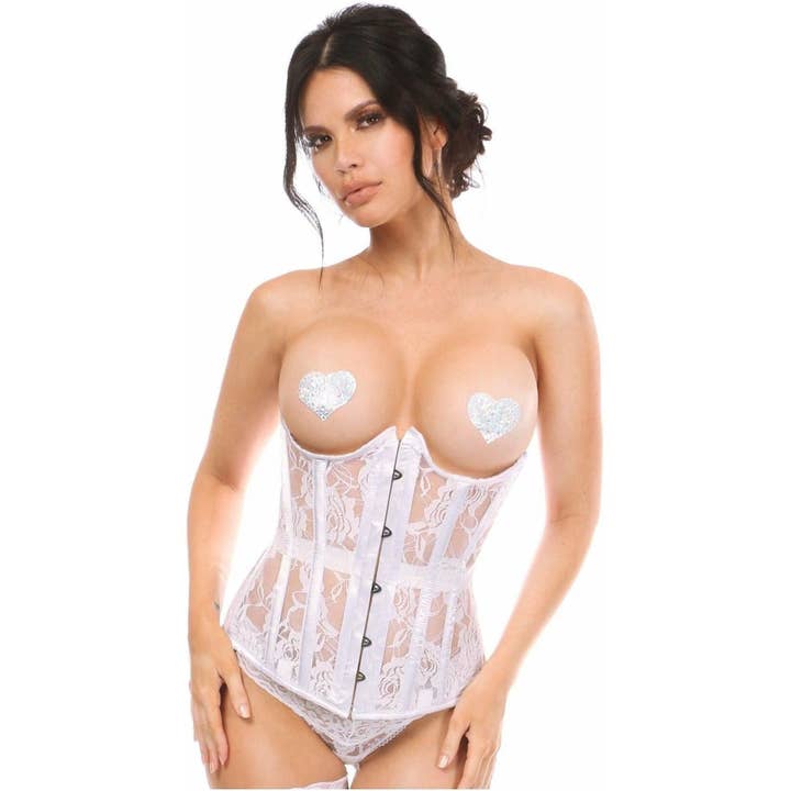 Weißes Unterbrustkorsett mit Bügeln und Bügeln aus durchsichtiger Spitze für den Großhandel von Daisy Corsets