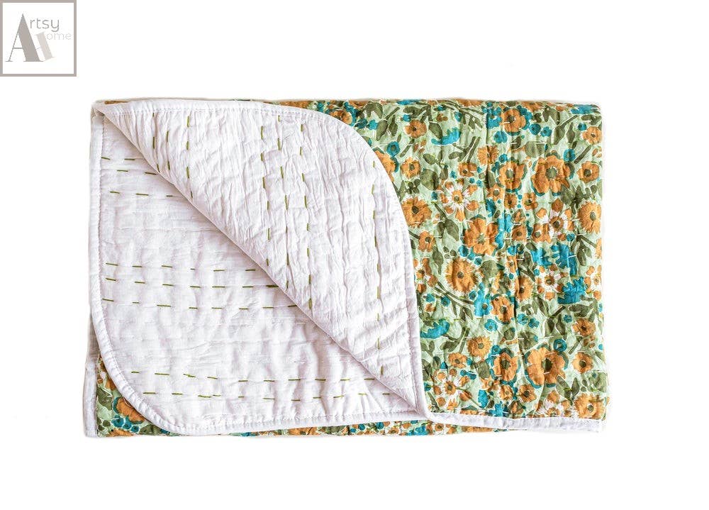 Artsy Home - Wholesale Quilt - Indian Hand Block Printed Cotton Kantha Quilt Cotton Blanket3