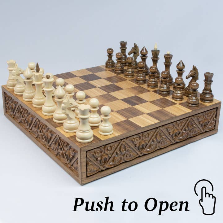 Handmade Walnut Wood Chess Set With Push-Open Drawer for wholesale by Handcraftoria