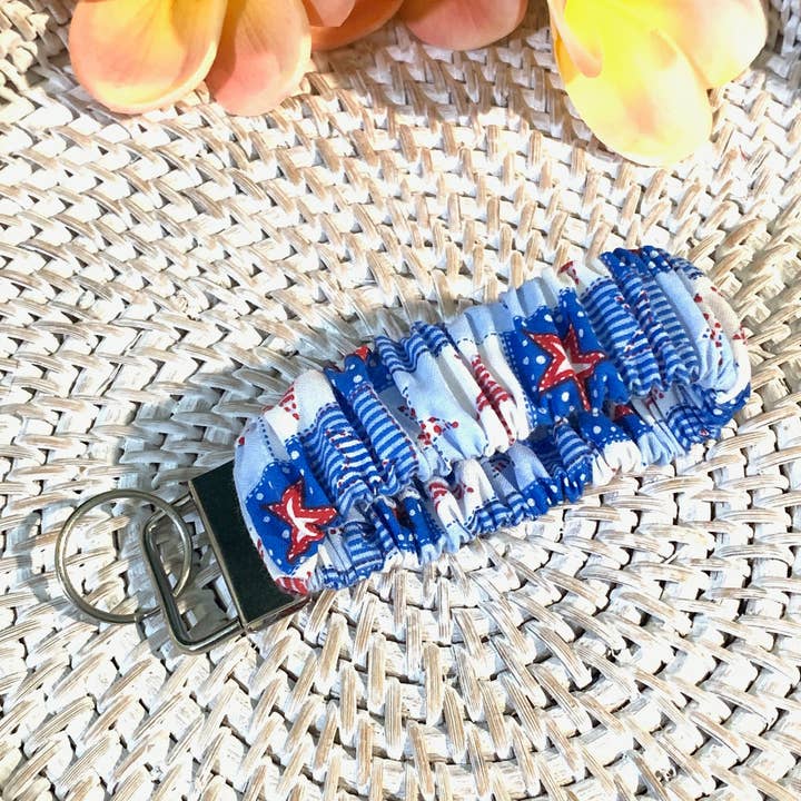 Handmade Scrunchie Key Fob - Patriotic - Stars Patchwork - Americana - Keychain for wholesale by Ann Gregory Designs LLC