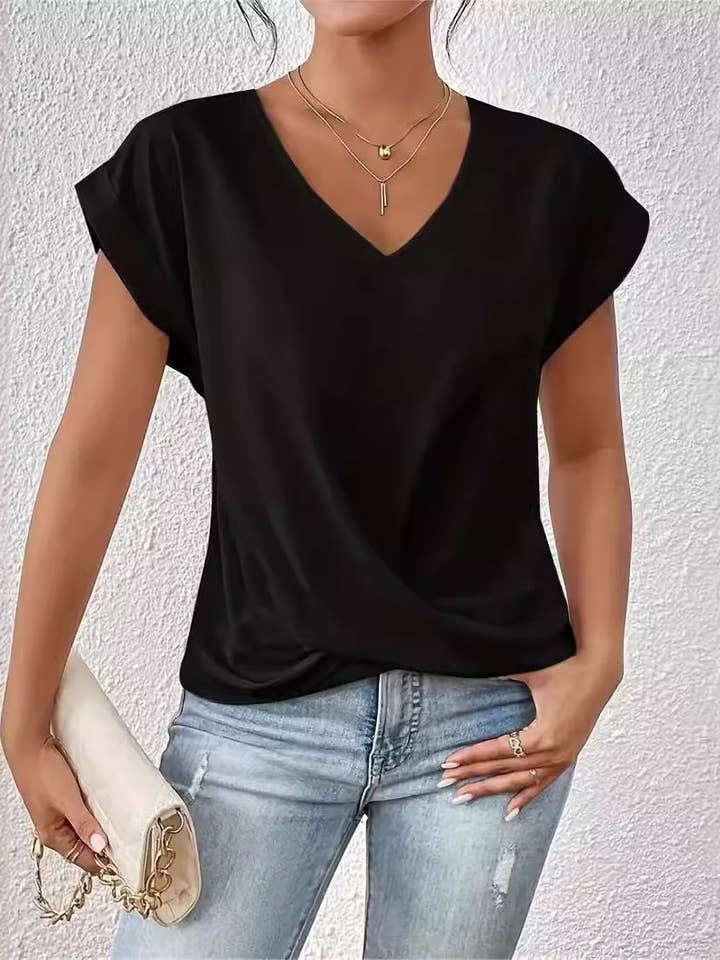 Rosa Clothing - Wholesale T-Shirt - Women's - Solid Color V-Neck T-Shirt Elegant Short Sleeve Top