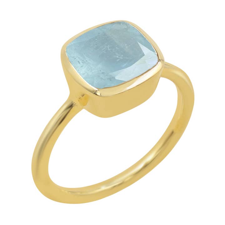 Aquamarine Solitaire Ring in 925 Sterling Silver Gold Plated for wholesale by Jay Jools