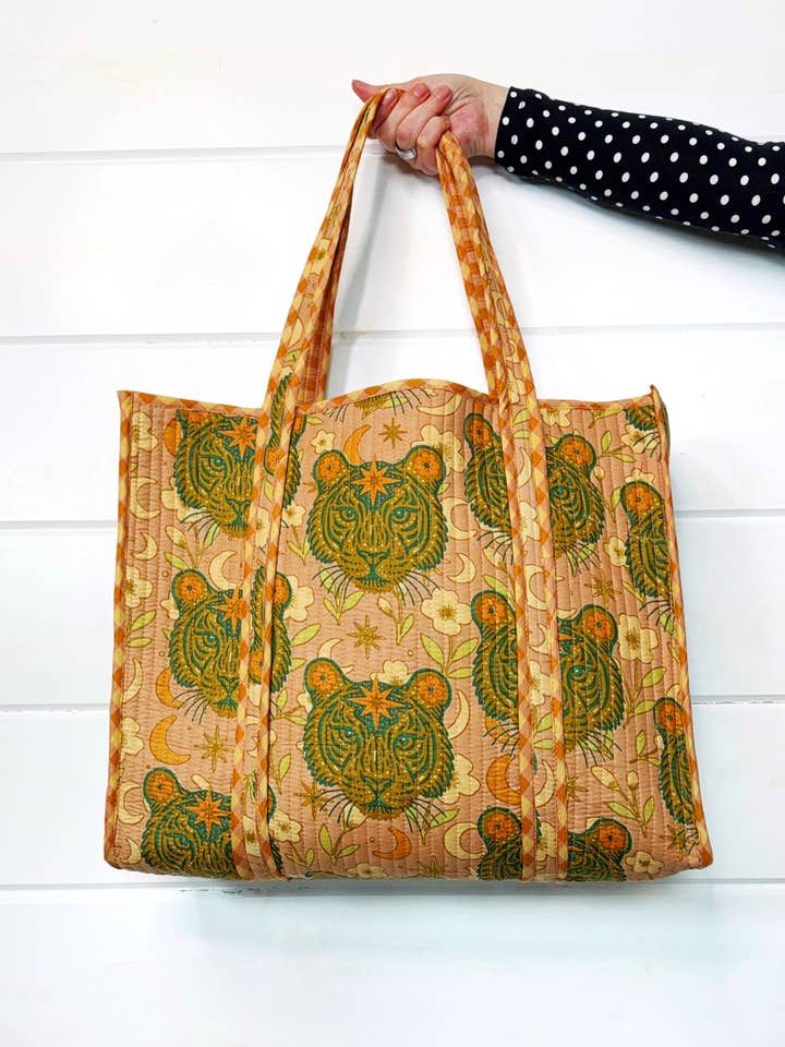 Large Tote Bags | Quilted Tote | Sandstone Celestial Tiger for wholesale by Folklore Couture