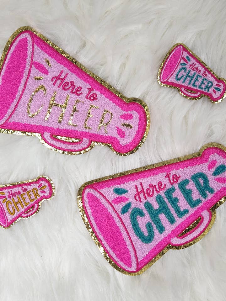 'Here to Cheer' Megaphone Pink Iron On Patch With Gold Glitter for wholesale by Scratch Decor