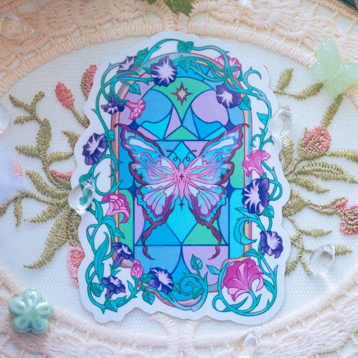 Stained Glass Butterfly Transparent Sticker 3" for wholesale by Prismono