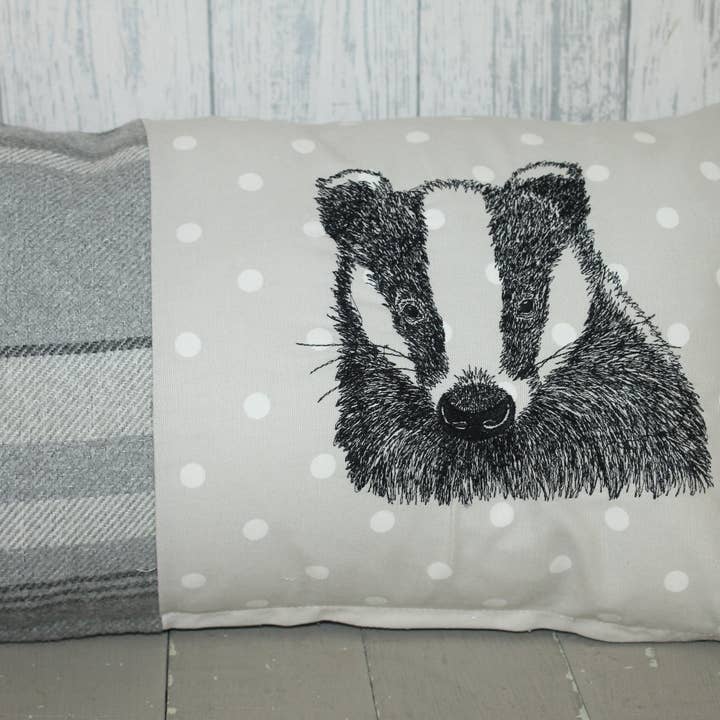 Badger Cushion- Grey Wool long cushion for wholesale by Lizzie Dixon Designs