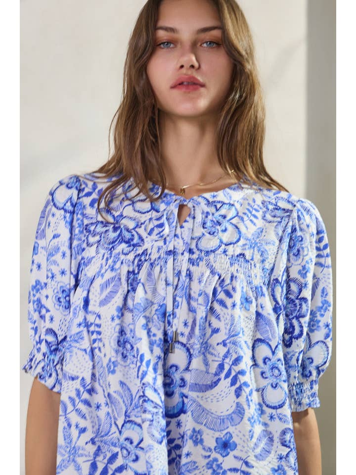 Blue Multi Summer Resort Printed Short Sleeve Blouse for wholesale on Faire