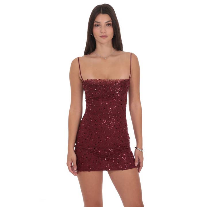 Draped Sequin Beaded Bodycon Dress in Burgundy for wholesale by Lucy In The Sky