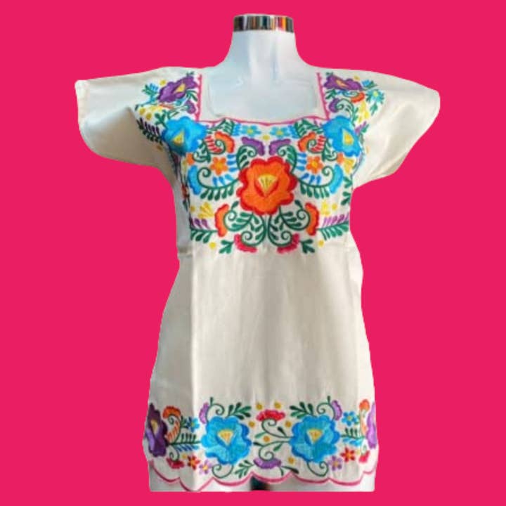 Puerta21 - Wholesale Blouse - Women's - Embroidered Mexican Floral Embroidered Blouse Traditional Blouse Shirt Colorful Mexican Blouse huipil from Mexico - Off White