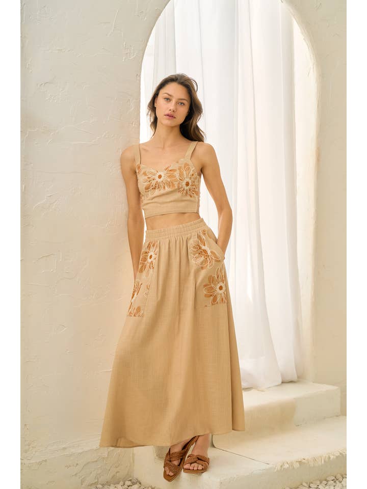 TAUPE ILS4872 EMBROIDERY SMOCKED BACK TOP WITH MAXI SKIRT for wholesale on Faire