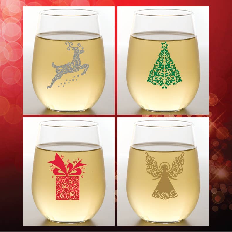 Santa Holiday Stemless Wine Glass Set of 4 - Christmas Cocktail Glasses and Drinkware - Wine Gift Sets for Christmas by on The Rox Drinks