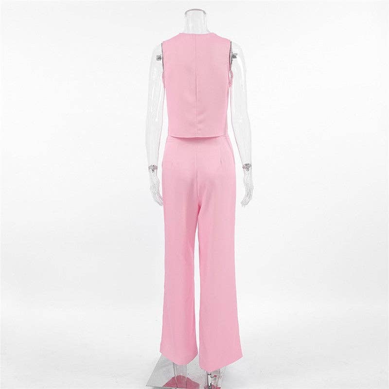 Sheer Trend - Wholesale Set met top en broek (GEEN Loungewear) - Dames - Effen Kleur Mouwloos Vest Wijde Broek Set8