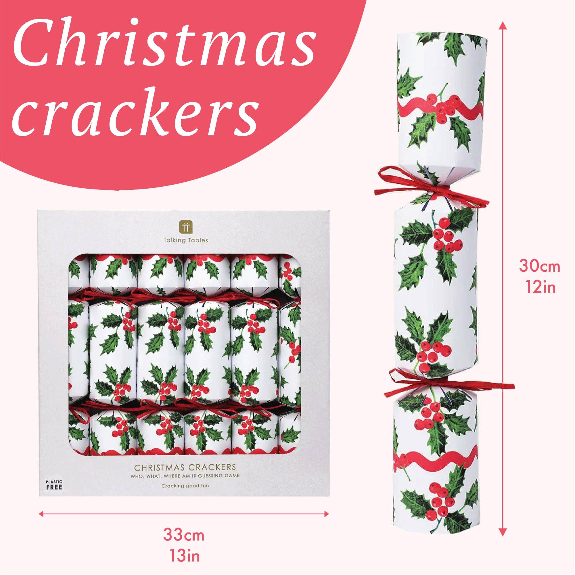Talking Tables UK - Wholesale Christmas decoration - Holly White Christmas Crackers | 6 Pack | Christmas Table |3