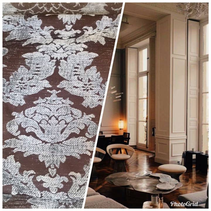 Lady Danielle Designer Velvet Chenille Burnout Damask Upholstery Fabric - Brown Silver Grey for wholesale by Fancy Styles Fabric