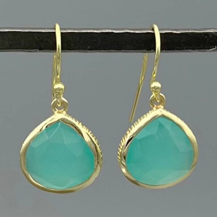 Gold Widened Textured Teardrop Chalcedony Earrings for wholesale by Something Silver