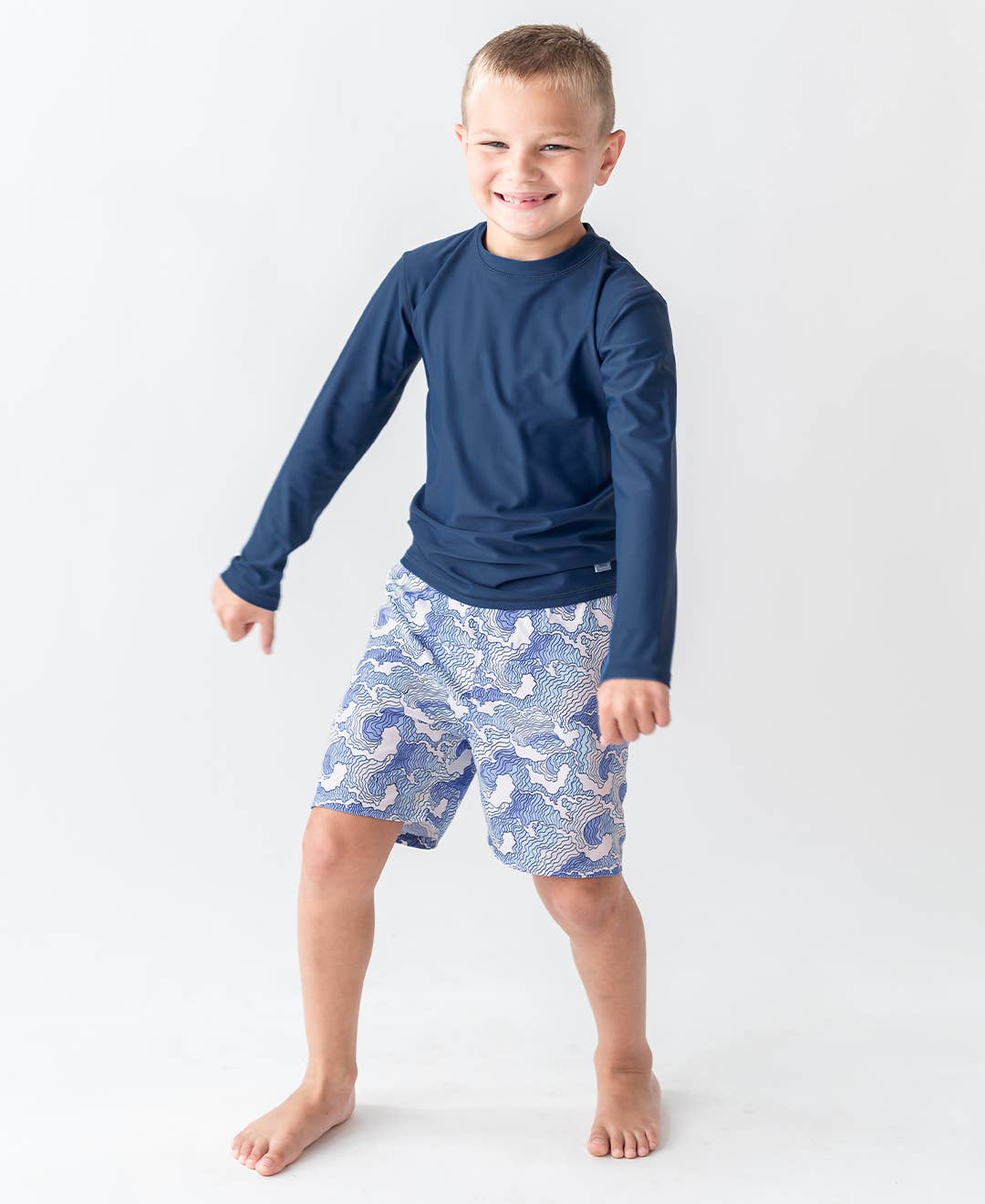 Blue Boys Ocean Camo Swim Trunks for wholesale on Faire2