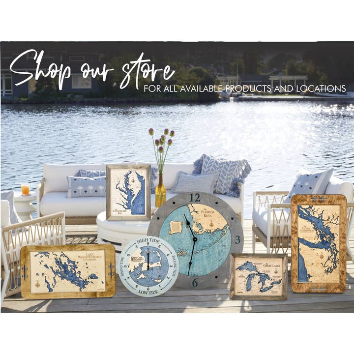 Sea & Soul Nautical Chart Art - Wholesale Wall Clock - Door County Nautical 3D Wood Map Wall Clock - 4 Sizes