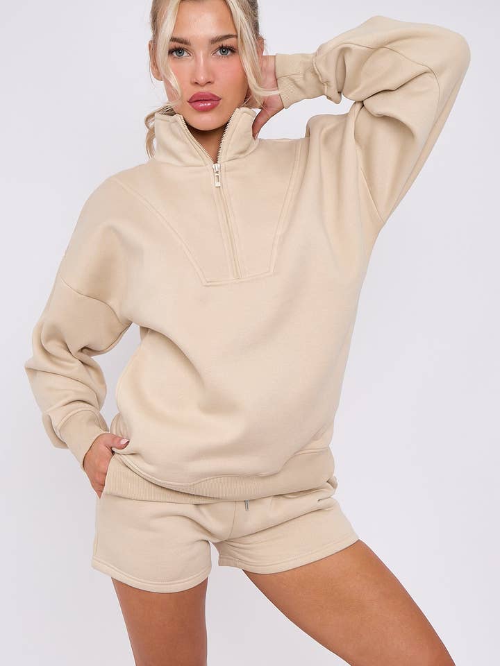 AX Labels - Wholesale Lounge Set - Women's - 1/2 Zip Top & Shorts Fleece Co-ord40