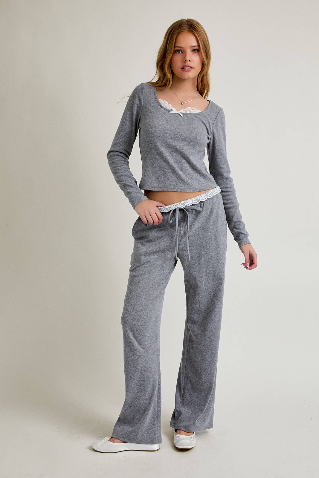 H GREY LONG SLEEVE TOP WITH LACE TRIM WITH LACE TRIM PANTS for wholesale on Faire2