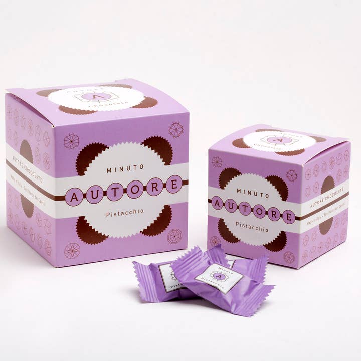 Minuto Pistazie mit Schokolade im Papierwürfel 200g - 7,05 Oz für den Großhandel von Autore Chocolate