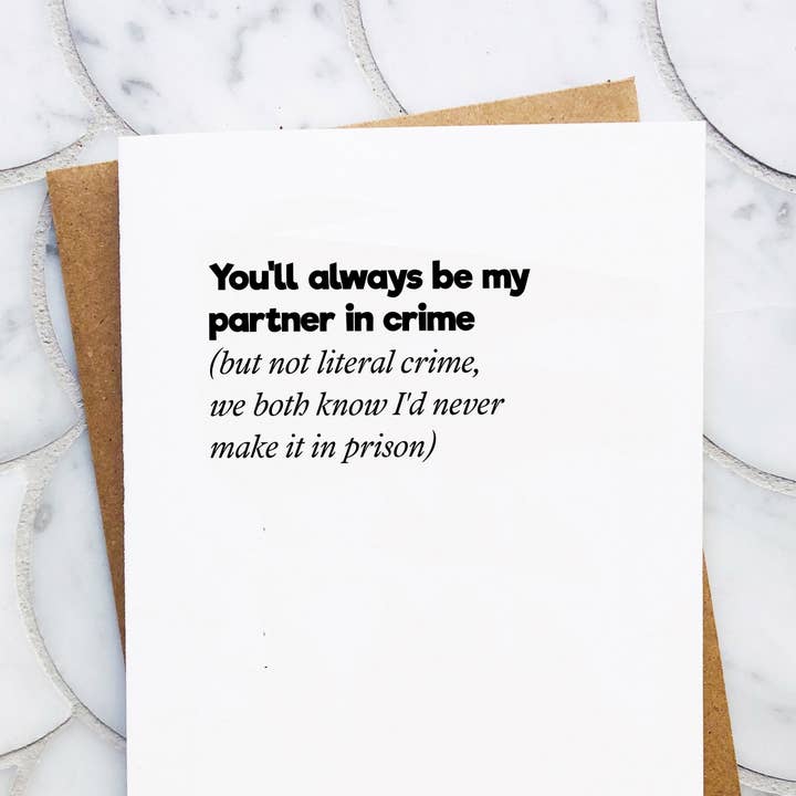Partner in Crime - Love / Friendship / Funny Valentines Card for wholesale by Top Hat and Monocle