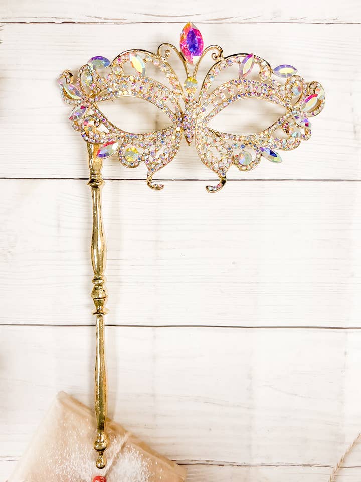 Happy Dream Gifts - Wholesale Costume - Women's - AB Crystal Masquerade Mask with Stick, Gold Wedding Mask
