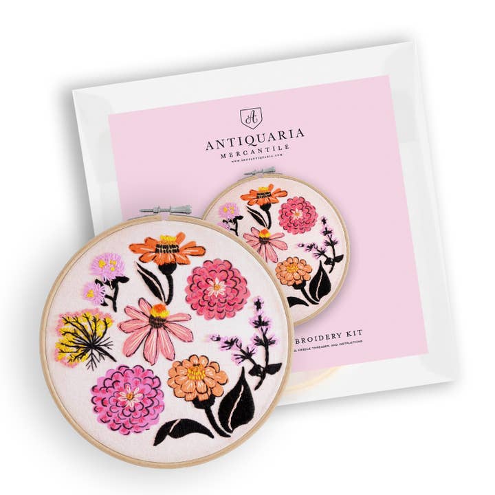 Antiquaria - Wholesale Embroidery/Cross Stitch Supplies - Zinnia Sampler Premium Embroidery Kit, 6 inch