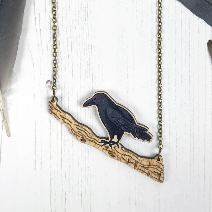 Crow and Branch Bird Necklace for wholesale by Loadofolbobbins
