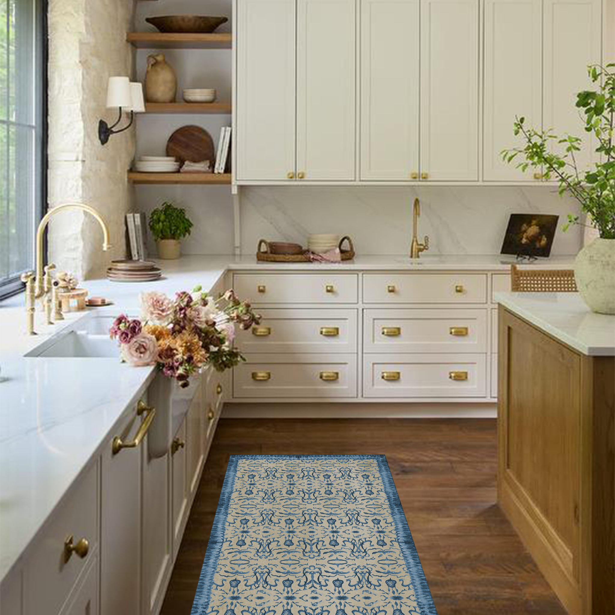 French Graffiti – wholesale Floor mat – Blue & Tan Chinoiserie Vinyl Floor Mat1